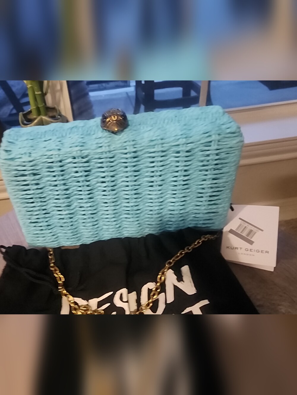 Kurt Geiger Turquoise Woven Clutch with Gold Chain